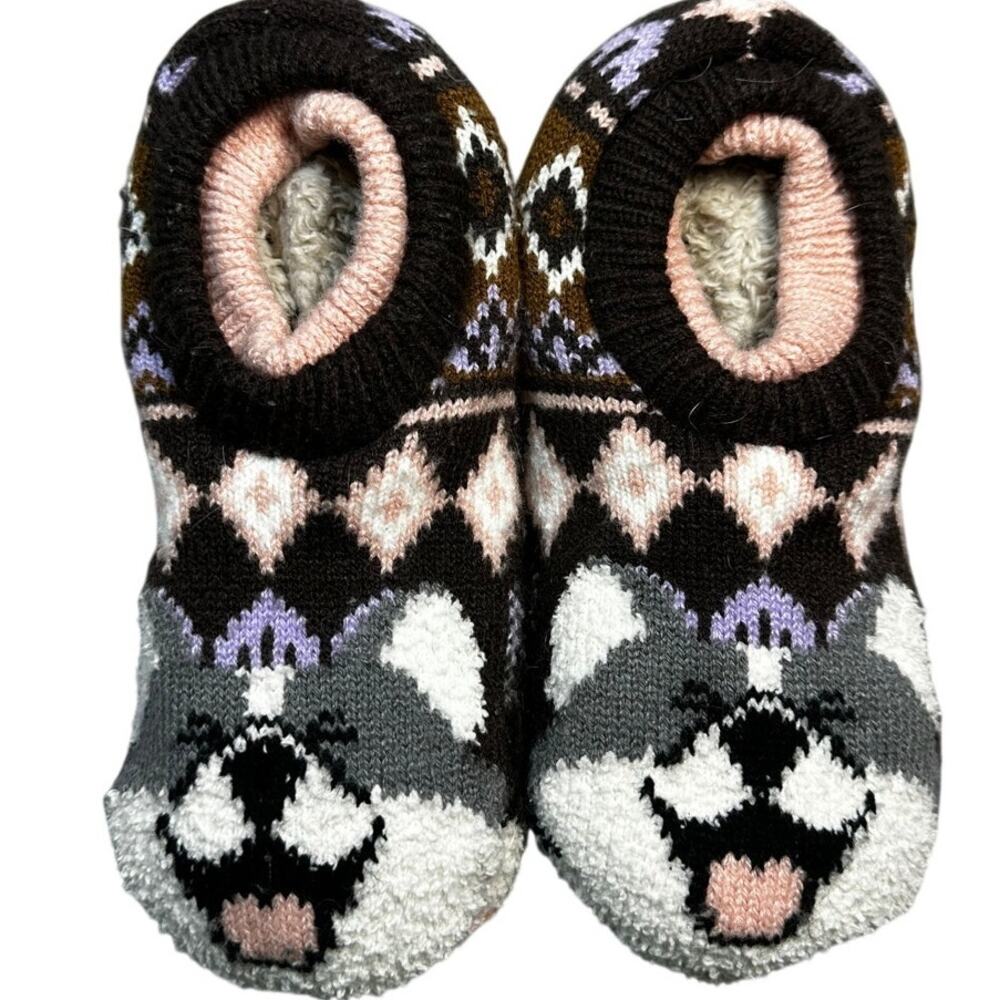 Wolf Husky Slipper Socks Womens S/M Fair Isle Fleece Lined Non Slip NWOT